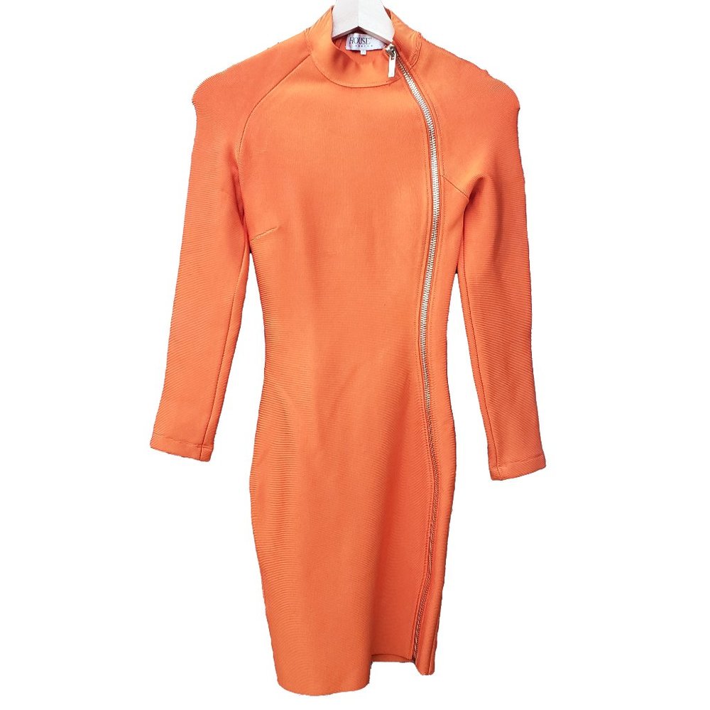 House of CB Eliza Dress XS Orange Bodycon Long Sleeve Side Zip Short